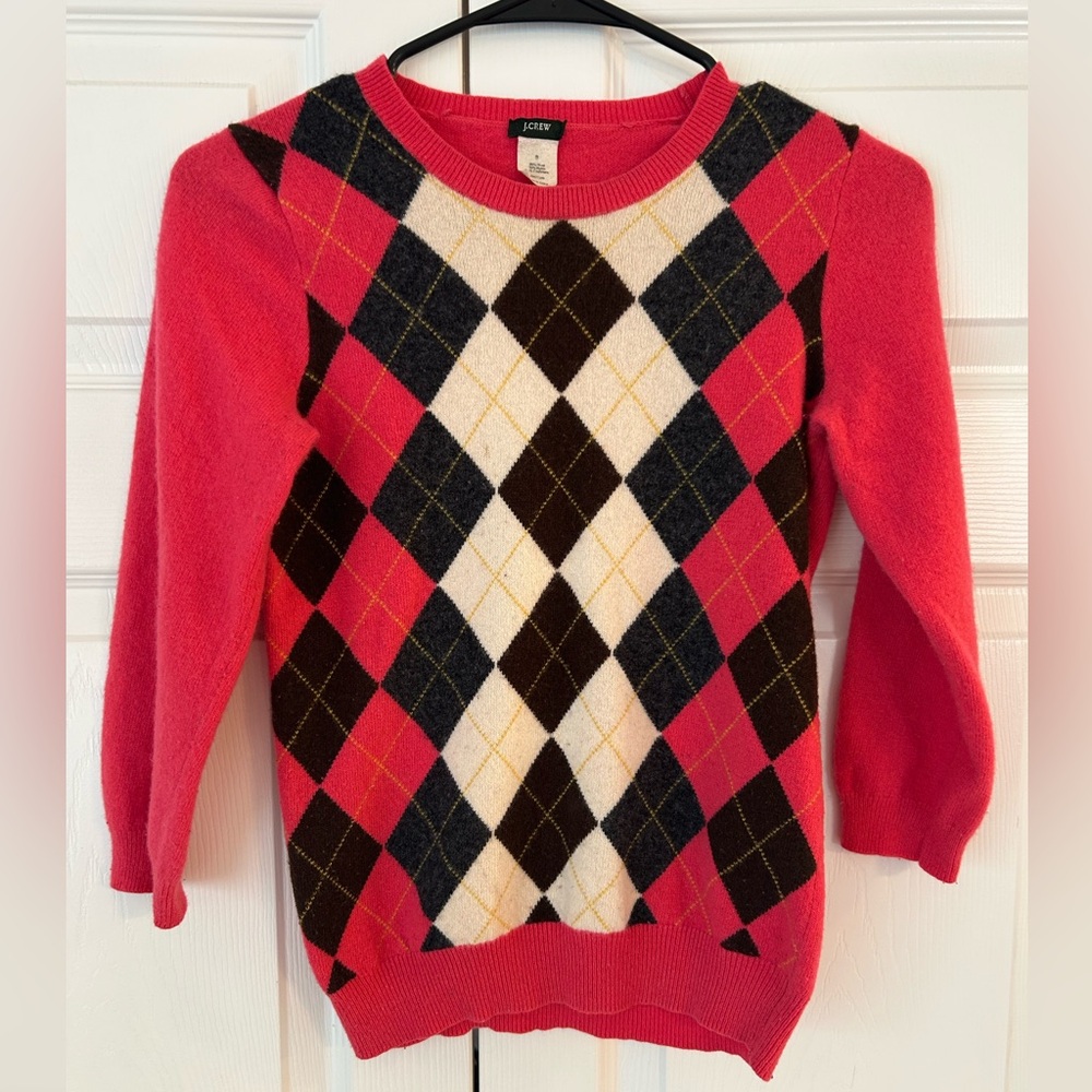 J.Crew Women’s Pink Argyle Print Knit Cashmere/Wool Tunic Sweater Blouse Size S